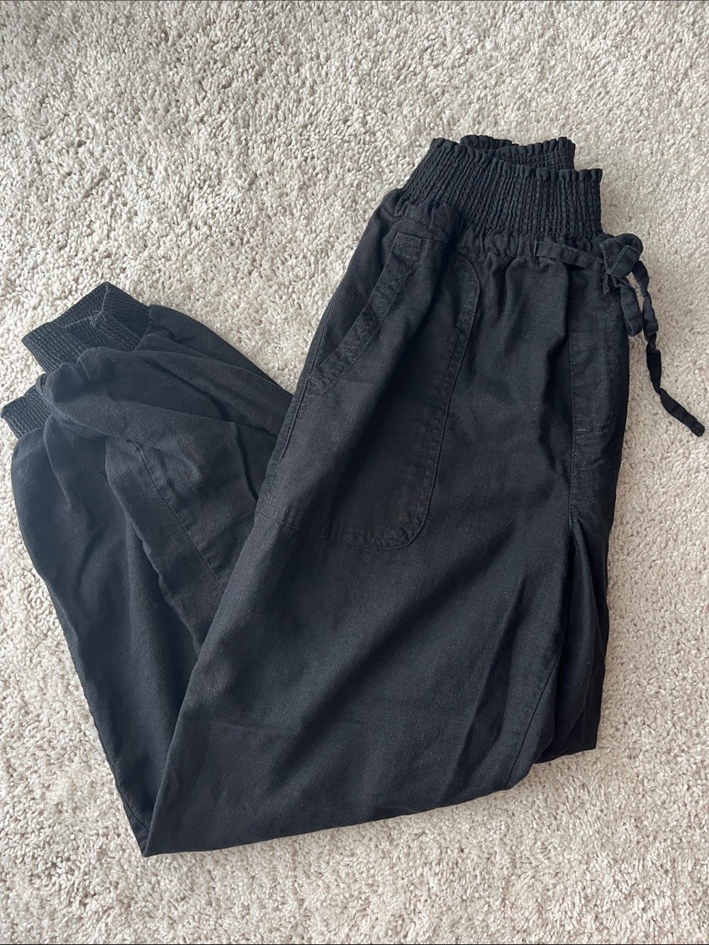 Love Tree Black Linen Smocked Waist Joggers